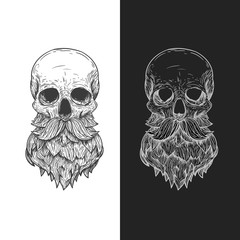 Human skull with beard and mustache in retro vintage style. Design template for tattoo, print, cover. Vector illustration.