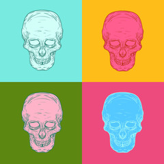 Colorful human skull in retro vintage style. Design template for tattoo, print, cover. Vector illustration.