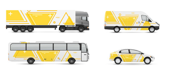 Design branding vehicles for advertising and corporate identity. Mock up for transport. Passenger car, bus and van. Graphics elements with modern geometric style.