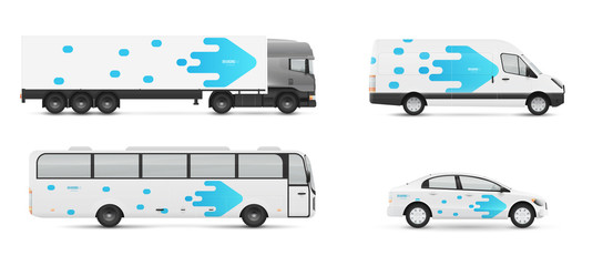 Design branding vehicles for advertising and corporate identity. Mock up for transport. Passenger car, bus and van. Graphics elements with modern geometric style.