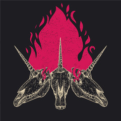 Unicorn skull with fire flames in retro vintage style. Design template for tattoo, print, cover. Vector illustration.