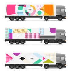 Branding design truck or van in modern geometric memphis style. Vehicles mock up for advertising, business and corporate identity. Set templates for transport.