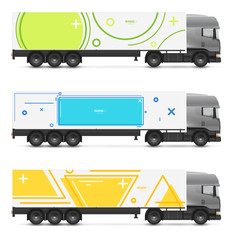 Branding design truck or van in modern geometric memphis style. Vehicles mock up for advertising, business and corporate identity. Set templates for transport.