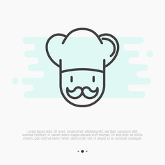 Professional chef with mustache thin line icon. Flat design vector illustration.