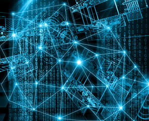 World map on a technological background, glowing lines symbols of the Internet, radio, television, mobile and satellite communications.