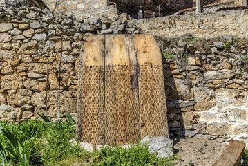 ancient threshing board in the town of Orbaneja of the Castle in the province of Burgos in Castile and Leon,