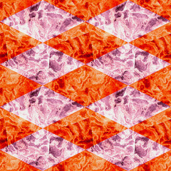 Seamless marbled pattern of orange and pink rhombuses. Pavement floor pattern with veined marble texture