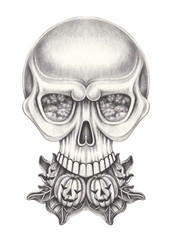 Art surreal skull .Hand pencil drawing on paper.