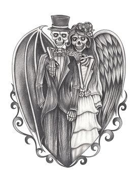 Art devil and angel skull wedding.Hand pencil drawing on paper.