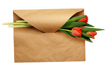 Craft paper envelope with a bouquet of tulip flowers