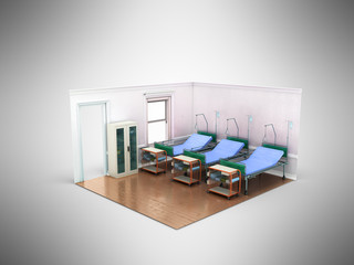 Isometric medical room three bed 3d render on gray background