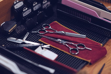Close up of professional hairdressing instruments