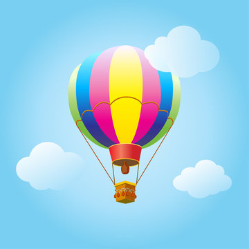 Hot air balloon in the sky with clouds background. Air balloons, flying. Vector illustration for kids books, greeting cards, advertising, banners design.