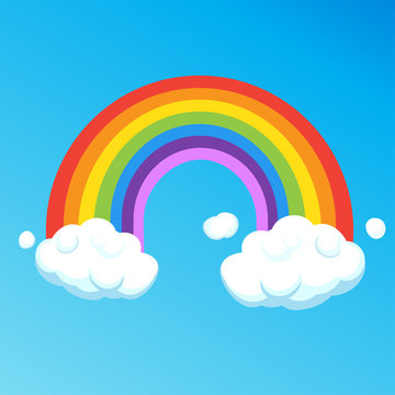 Rainbow with clouds isolated on blue sky background. Colorful Rainbow and cloud cartoon vector illustration. Sticker, label, icon for print, banner card graphic design Ultraviolet