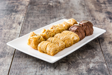 Turkish dessert baklava on wooden table

