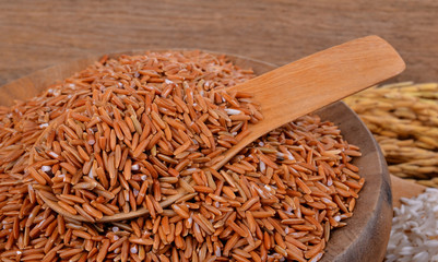 Rice on a wooden spoon on a wooden