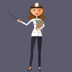 Doctor female shows a presentation and point flat cartoon vector illustration