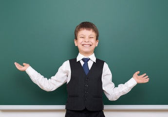 Pupil posing at school board, empty space, education concept