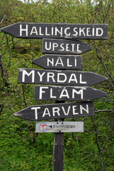 Hiking sign at Myrdal station,  Aurland, Norway