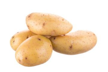 Ripe golden potato on white background. Vegetarian food. French fries or mashed potato ingredient