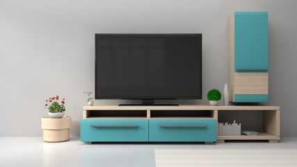 Fototapeta na wymiar Smart TV on stand in modern living room the white wall,3d rendering