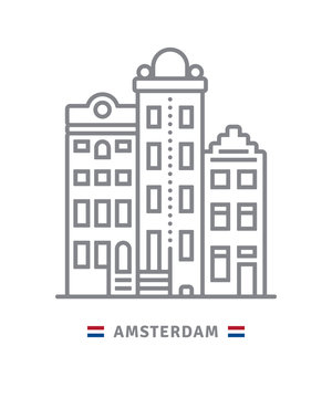 Amsterdam icon with dutch houses and flag