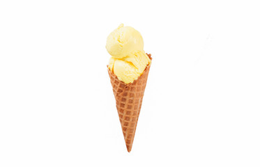 Vanilla ice cream cone on white background.
