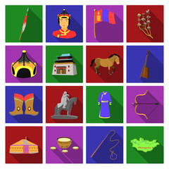 Genghis Khan, a monastery, Yurt and other sights of Mongolia. Mongolia set collection icons in flat style vector symbol stock illustration web.