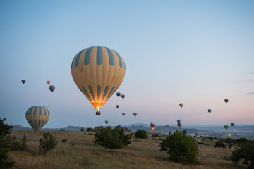 Hot air balloons flying on sunrise in Cappadocia