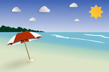 Beach papercut landscape vector, seascape for summer, summer vacation