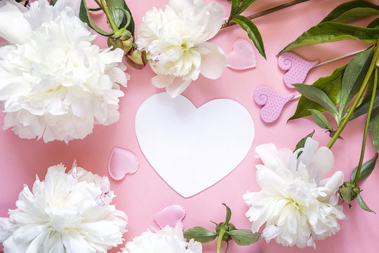 White peonies with decorative hearts on a pink background.