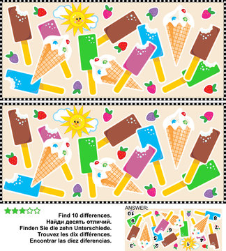 Picture puzzle: Find the ten differences between the two pictures of yummy ice cream bars and cones. Answer included.
