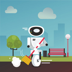 Domestic robot cleaning park alley with a broom in hand. Personal robot housekeeping futuristic concept illustration vector.