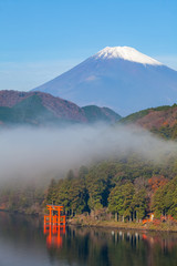 Mt.Fuji and Ashi lake with mist in autumn morning