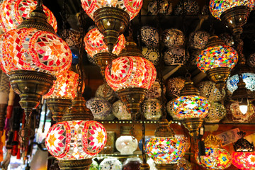 Fototapeta na wymiar Crystal lamps for sale on the Grand Bazaar at Istanbul