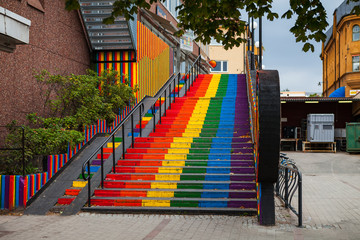 Stairs, painted in rainbow. Gay friendly 6 colors option. Falun, Sweden.