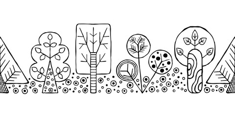 Vector hand drawn seamless border, pattern, decorative stylized black and white childish trees. Doodle sketch style, graphic illustration, background. Ornamental cute hand drawing. Line drawing.
