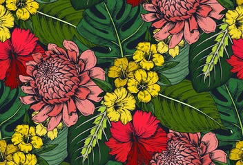 Foto op Plexiglas Vector seamless pattern with compositions of hand drawn tropical flowers © natality