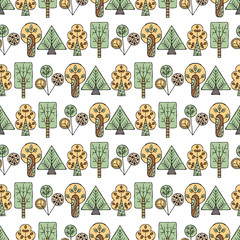 Vector hand drawn seamless pattern Decorative stylized childish trees Doodle style, tribal graphic illustration Ornamental cute hand drawing Series of doodle, cartoon sketch seamless patterns - 164077532