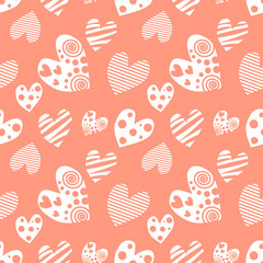 Seamless vector pattern with hearts. Background with hand drawn ornamental symbols. Template for wrapping, decor, surface, cards, backgrounds, textile, print. Repeat ornament. Series of Love Patterns.