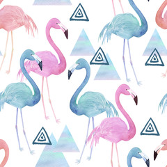 Watercolor seamless pattern with flamingo  and geometrical marble elements on white background