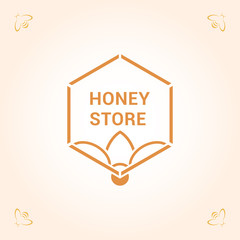 Vector logo template for honey store. Illustration of honeycomb with bee. Can be used for textile design, design of banners, company identity. Creative logotype in orange colors.