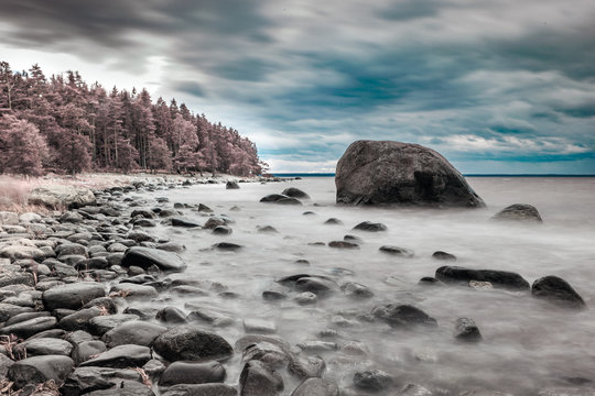 Baltic sea shore with boulders. Infrared color swapped photograph.