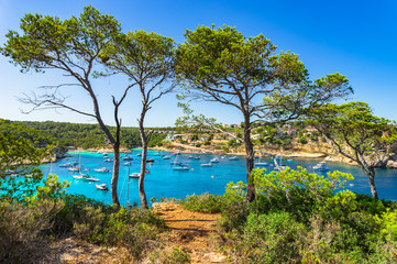 Stunning island scenery, beautiful bay with boats at Portals Vells, Majorca Spain Mediterranean Sea