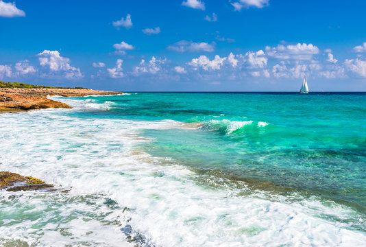 Spain Mediterranean Sea beautiful seascape with sailboat