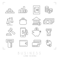 Set of line thin business and financial icons. Gold, graph, safe storage, coins, libra, purse, bank, dollars, gavel, smartphone lock, piggy bank, card slot, wallet, card, euro dollar exchange.