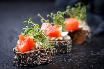 Canape with salmon and cheese cheese on a dark background.