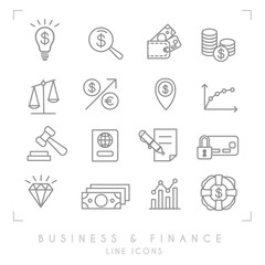 Set of line thin business and financial icons. Business idea bulb, magnifier, wallet, coins, libra, arrow, point, graph, gaver, pass, contract, card lock, diamond, dollars, lifebuoy.