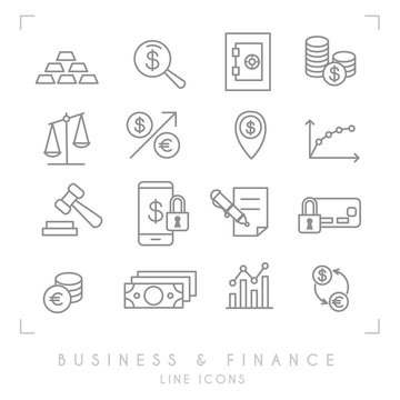 Set Of Line Thin Business And Financial Icons. Gold, Graph, Safe Storage, Coins, Libra, Dollars, Gavel, Smartphone Lock, Money Card Lock, Euro Dollar Exchange, Money Point.