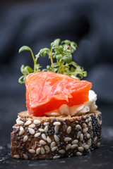 Canape with salmon and cheese cheese on a dark background.